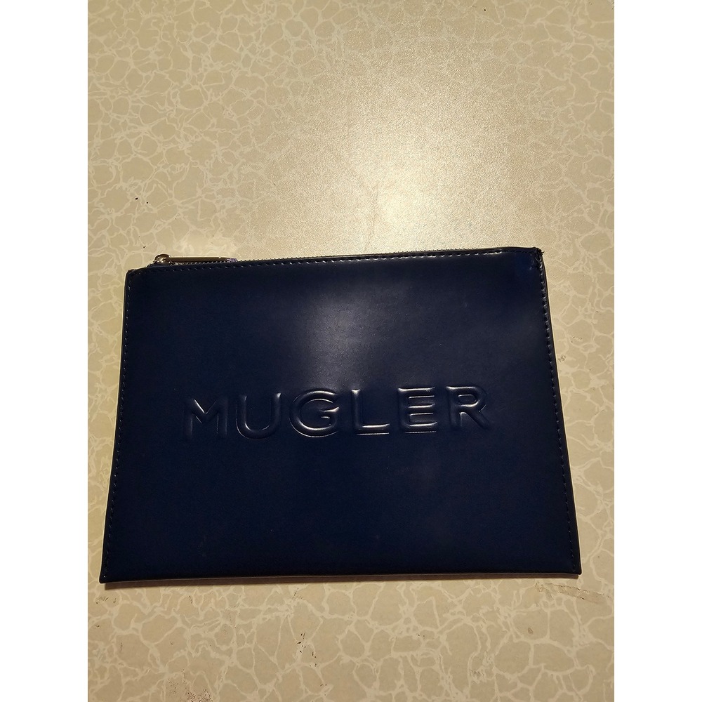 Mugler Navy Blue Embossed Logo Zippered Pouch Cosmetic Bag Clutch